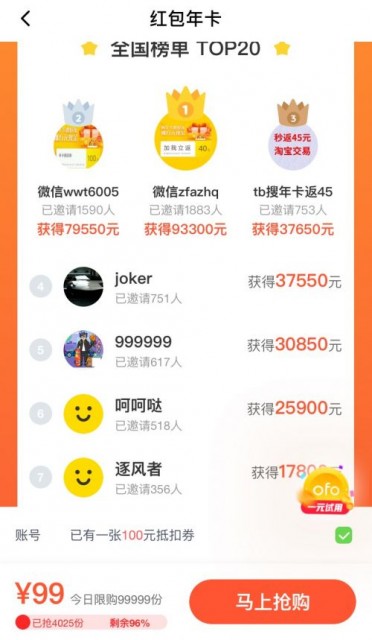ofo:有用户卖红包年卡20天赚了近10万元